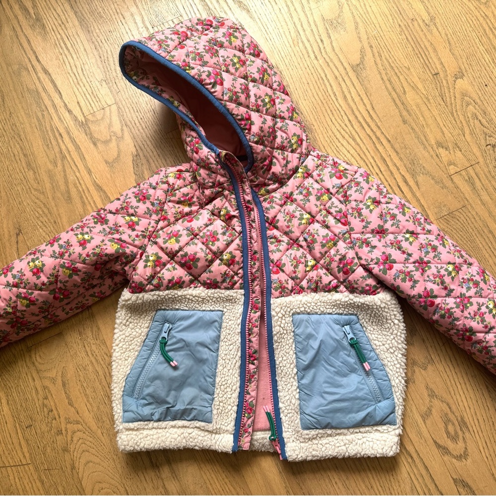 Mini boden pink floral warm quilted coat